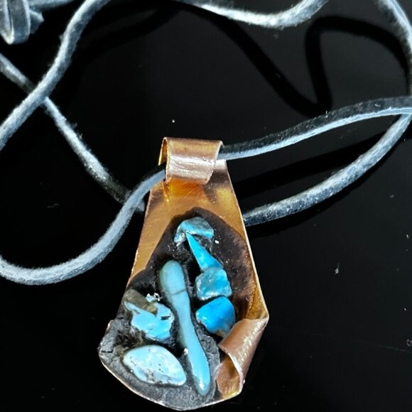 Kingman Turquoise Copper Pendant Necklace Brutalist Handmade NWT Gift Inlaid - Picture 1 of 5